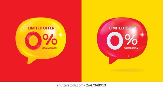 Offer speech bubble 3d icons. Zero percent discount offer tag. Sale price promo sign. Special offer symbol. Discount chat offer.