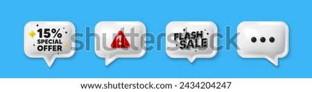 Offer speech bubble 3d icons. 15 percent discount offer tag. Sale price promo sign. Special offer symbol. Discount chat offer. Flash sale, danger alert. Text box balloon. Vector