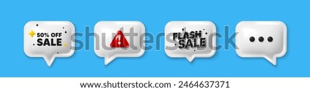 Offer speech bubble 3d icons. Sale 50 percent off discount. Promotion price offer sign. Retail badge symbol. Sale chat offer. Flash sale, danger alert. Text box balloon. Vector