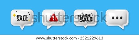 Offer speech bubble 3d icons. Sale 20 percent off discount. Promotion price offer sign. Retail badge symbol. Sale chat offer. Flash sale, danger alert. Text box balloon. Vector