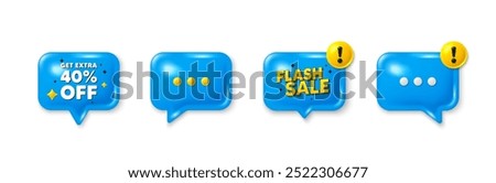 Offer speech bubble 3d icons. Get Extra 40 percent off Sale. Discount offer price sign. Special offer symbol. Save 40 percentages. Extra discount chat offer. Flash sale, danger alert. Vector
