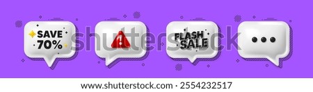 Offer speech bubble 3d icons. Save 70 percent off tag. Sale Discount offer price sign. Special offer symbol. Discount chat offer. Flash sale, danger alert. Text box balloon. Vector
