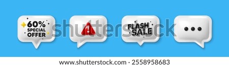 Offer speech bubble 3d icons. 60 percent discount offer tag. Sale price promo sign. Special offer symbol. Discount chat offer. Flash sale, danger alert. Text box balloon. Vector