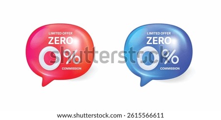 Offer speech bubble 3d icons. Zero percent discount offer tag. Sale price promo sign. Special offer symbol. Discount chat offer.