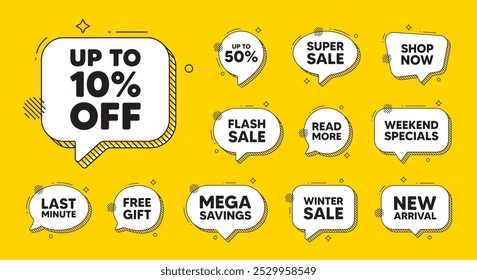 Offer speech bubble icons. Up to 10 percent off sale. Discount offer price sign. Special offer symbol. Save 10 percentages. Discount tag chat offer. Speech bubble discount banner. Vector