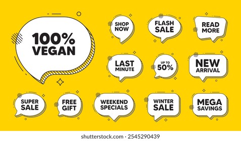 Offer speech bubble icons. 100 percent vegan tag. Organic bio food sign. Vegetarian product symbol. Vegan food chat offer. Speech bubble discount banner. Text box balloon. Vector