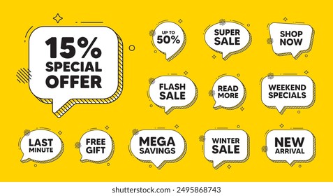 Offer speech bubble icons. 15 percent discount offer tag. Sale price promo sign. Special offer symbol. Discount chat offer. Speech bubble discount banner. Text box balloon. Vector