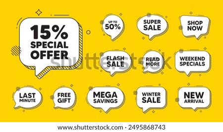 Offer speech bubble icons. 15 percent discount offer tag. Sale price promo sign. Special offer symbol. Discount chat offer. Speech bubble discount banner. Text box balloon. Vector