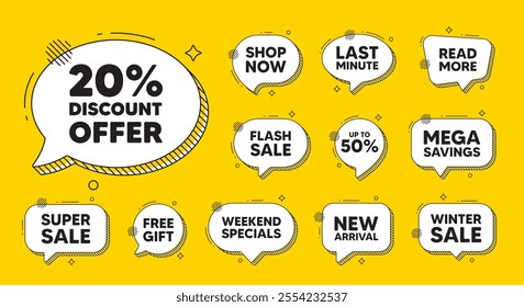 Offer speech bubble icons. 20 percent discount tag. Sale offer price sign. Special offer symbol. Discount chat offer. Speech bubble discount banner. Text box balloon. Vector