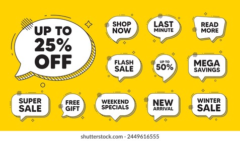 Offer speech bubble icons. Up to 25 percent off sale. Discount offer price sign. Special offer symbol. Save 25 percentages. Discount tag chat offer. Speech bubble discount banner. Vector