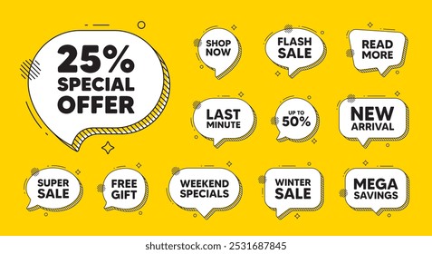 Offer speech bubble icons. 25 percent discount offer tag. Sale price promo sign. Special offer symbol. Discount chat offer. Speech bubble discount banner. Text box balloon. Vector