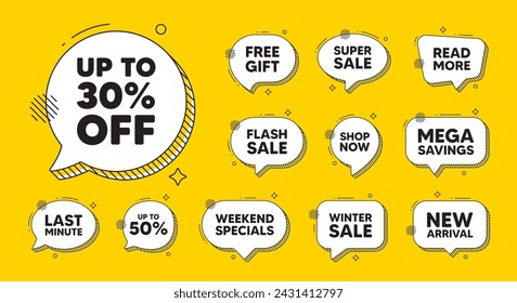 Ofrecer iconos de burbujas de voz. Hasta un 30 por ciento de descuento. Precio de oferta de descuento. Símbolo de oferta especial. Ahorre 30 porcentajes. Oferta de chat con etiqueta de descuento. Banner de descuento de la burbuja de discurso. Vector