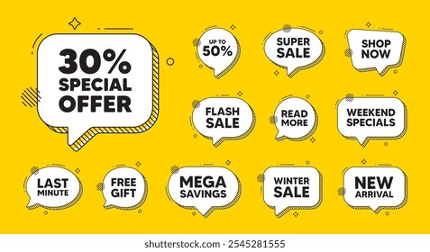 Offer speech bubble icons. 30 percent discount offer tag. Sale price promo sign. Special offer symbol. Discount chat offer. Speech bubble discount banner. Text box balloon. Vector