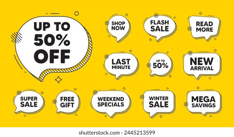 Ofrecer iconos de burbujas de voz. Hasta un 50 por ciento de descuento. Precio de oferta de descuento. Símbolo de oferta especial. Guardar 50 porcentajes. Oferta de chat con etiqueta de descuento. Anuncio de descuento Speech Bubble. Vector