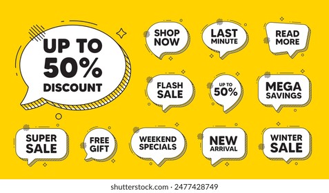 Offer speech bubble icons. Up to 50 percent discount. Sale offer price sign. Special offer symbol. Save 50 percentages. Discount tag chat offer. Speech bubble discount banner. Text box balloon. Vector