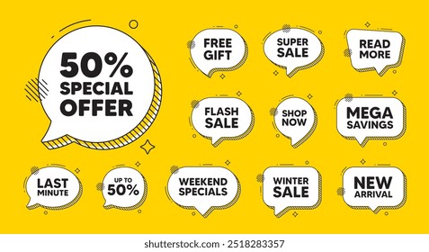 Offer speech bubble icons. 50 percent discount offer tag. Sale price promo sign. Special offer symbol. Discount chat offer. Speech bubble discount banner. Text box balloon. Vector