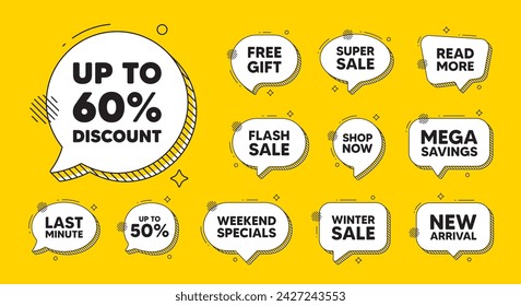 Offer speech bubble icons. Up to 60 percent discount. Sale offer price sign. Special offer symbol. Save 60 percentages. Discount tag chat offer. Speech bubble discount banner. Text box balloon. Vector