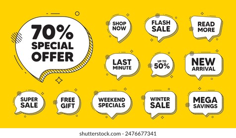 Offer speech bubble icons. 70 percent discount offer tag. Sale price promo sign. Special offer symbol. Discount chat offer. Speech bubble discount banner. Text box balloon. Vector