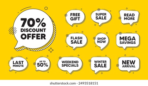 Offer speech bubble icons. 70 percent discount tag. Sale offer price sign. Special offer symbol. Discount chat offer. Speech bubble discount banner. Text box balloon. Vector