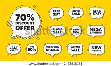 Offer speech bubble icons. 70 percent discount tag. Sale offer price sign. Special offer symbol. Discount chat offer. Speech bubble discount banner. Text box balloon. Vector