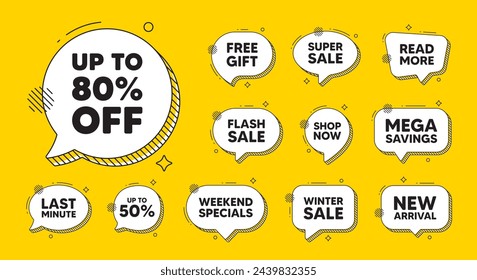 Offer speech bubble icons. Up to 80 percent off sale. Discount offer price sign. Special offer symbol. Save 80 percentages. Discount tag chat offer. Speech bubble discount banner. Vector