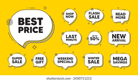 Offer speech bubble icons. Best Price tag. Special offer Sale sign. Advertising Discounts symbol. Best price chat offer. Speech bubble discount banner. Text box balloon. Vector