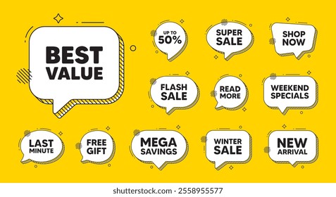 Offer speech bubble icons. Best value tag. Special offer Sale sign. Advertising Discounts symbol. Best value chat offer. Speech bubble discount banner. Text box balloon. Vector