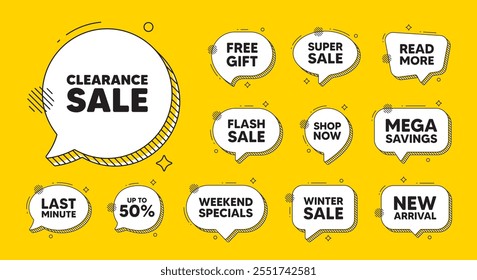 Oferecer ícones de balão de fala. Etiqueta de liquidação. Sinal de preço de oferta especial. Símbolo de descontos de publicidade. Oferta de bate-papo de venda livre. Faixa de desconto de balão de fala. Balão de caixa de texto. Vetor