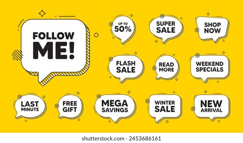 Offer speech bubble icons. Follow me tag. Special offer sign. Super offer symbol. Follow me chat offer. Speech bubble discount banner. Text box balloon. Vector