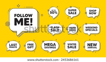 Offer speech bubble icons. Follow me tag. Special offer sign. Super offer symbol. Follow me chat offer. Speech bubble discount banner. Text box balloon. Vector