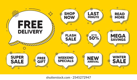 Offer speech bubble icons. Free delivery tag. Shipping and cargo service message. Business order icon. Free delivery chat offer. Speech bubble discount banner. Text box balloon. Vector