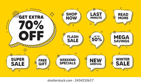 Offer speech bubble icons. Get Extra 70 percent off Sale. Discount offer price sign. Special offer symbol. Save 70 percentages. Extra discount chat offer. Speech bubble discount banner. Vector