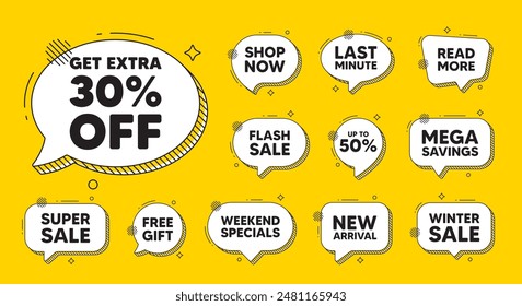 Symbole für Sprechblasen anbieten. 30 % mehr Rabatt auf den Verkauf. Preis-Schild für Rabattangebot. Symbol für Sonderangebote. Speichern 30 %. Extra Rabatt Chat Angebot. Sprechblasen-Rabatt-Banner. Vektorgrafik