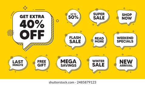 Offer speech bubble icons. Get Extra 40 percent off Sale. Discount offer price sign. Special offer symbol. Save 40 percentages. Extra discount chat offer. Speech bubble discount banner. Vector