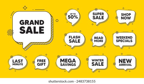 Offer speech bubble icons. Grand sale tag. Special offer price sign. Advertising discounts symbol. Grand sale chat offer. Speech bubble discount banner. Text box balloon. Vector