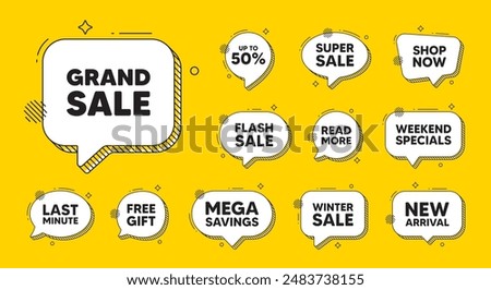 Offer speech bubble icons. Grand sale tag. Special offer price sign. Advertising discounts symbol. Grand sale chat offer. Speech bubble discount banner. Text box balloon. Vector