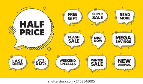 Offer speech bubble icons. Half Price tag. Special offer Sale sign. Advertising Discounts symbol. Half price chat offer. Speech bubble discount banner. Text box balloon. Vector