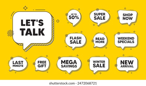 Offer speech bubble icons. Lets talk tag. Connect offer sign. Conversation symbol. Lets talk chat offer. Speech bubble discount banner. Text box balloon. Vector