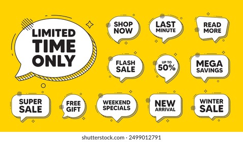 Ofrece iconos de burbujas de discurso. Etiqueta de tiempo limitado. Señal de oferta especial. Símbolo de promoción de venta. Oferta de chat por tiempo limitado. Anuncio de descuento de burbuja de voz. Globo de cuadro de texto. Vector
