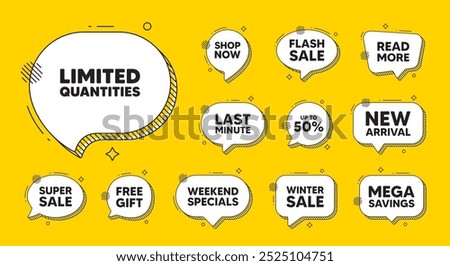 Offer speech bubble icons. Limited quantities tag. Special offer sign. Sale promotion symbol. Limited quantities chat offer. Speech bubble discount banner. Text box balloon. Vector