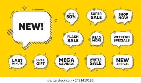 Offer speech bubble icons. New tag. Special offer sign. New arrival symbol. Arrivals chat offer. Speech bubble discount banner. Text box balloon. Vector