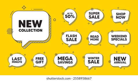 Offer speech bubble icons. New collection tag. New fashion arrival sign. Advertising offer symbol. New collection chat offer. Speech bubble discount banner. Text box balloon. Vector