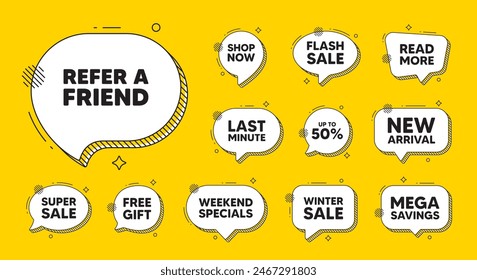 Offer speech bubble icons. Refer a friend tag. Referral program sign. Advertising reference symbol. Refer friend chat offer. Speech bubble discount banner. Text box balloon. Vector