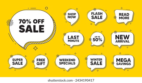 Offer speech bubble icons. Sale 70 percent off discount. Promotion price offer sign. Retail badge symbol. Sale chat offer. Speech bubble discount banner. Text box balloon. Vector