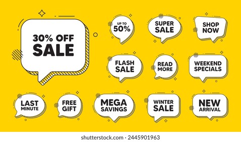 Offer speech bubble icons. Sale 30 percent off discount. Promotion price offer sign. Retail badge symbol. Sale chat offer. Speech bubble discount banner. Text box balloon. Vector