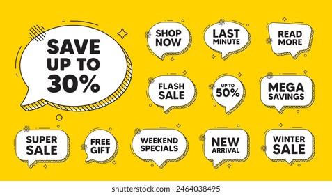 Offer speech bubble icons. Save up to 30 percent tag. Discount Sale offer price sign. Special offer symbol. Discount chat offer. Speech bubble discount banner. Text box balloon. Vector