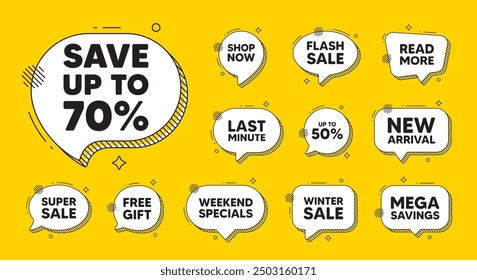 Offer speech bubble icons. Save up to 70 percent tag. Discount Sale offer price sign. Special offer symbol. Discount chat offer. Speech bubble discount banner. Text box balloon. Vector