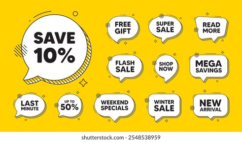 Offer speech bubble icons. Save 10 percent off tag. Sale Discount offer price sign. Special offer symbol. Discount chat offer. Speech bubble discount banner. Text box balloon. Vector