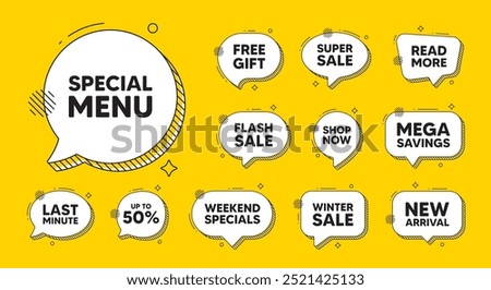 Offer speech bubble icons. Special menu tag. Kitchen food offer. Restaurant menu. Special menu chat offer. Speech bubble discount banner. Text box balloon. Vector