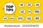 Offer speech bubble icons. Top tips tag. Education faq sign. Best help assistance. Top tips chat offer. Speech bubble discount banner. Text box balloon. Vector